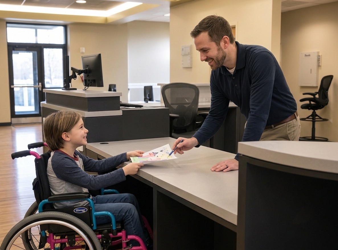 Wheelchair user exchanging paperwork with a staff member across a low reception counter beside the main workstations.