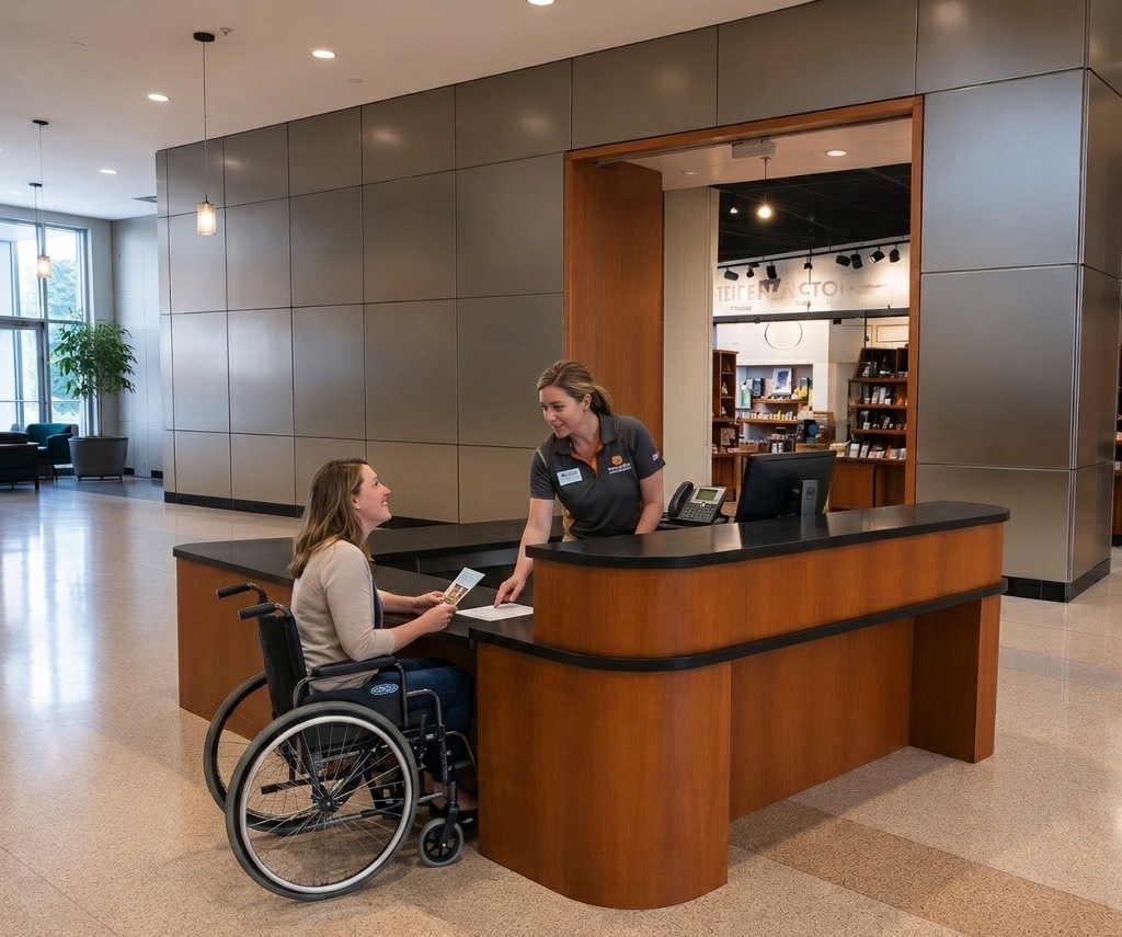 Curved wood reception desk with an integrated lower service position where a wheelchair user speaks with a staff member.